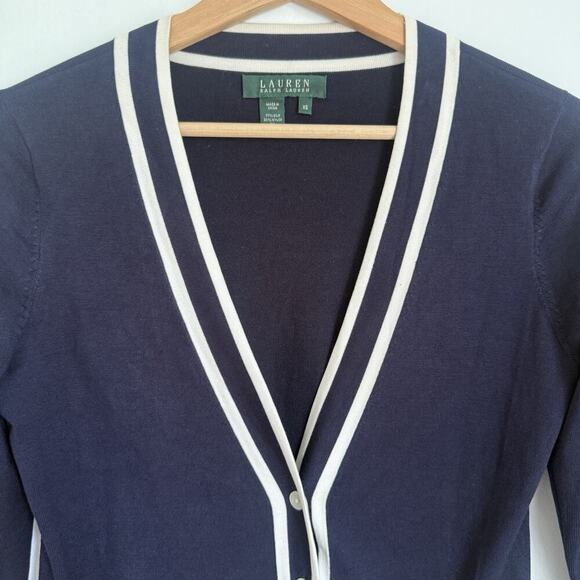 Lauren Ralph Lauren Silk Navy Cardigan XS Quiet Luxury Preppy Dark Academia - Picture 2 of 10